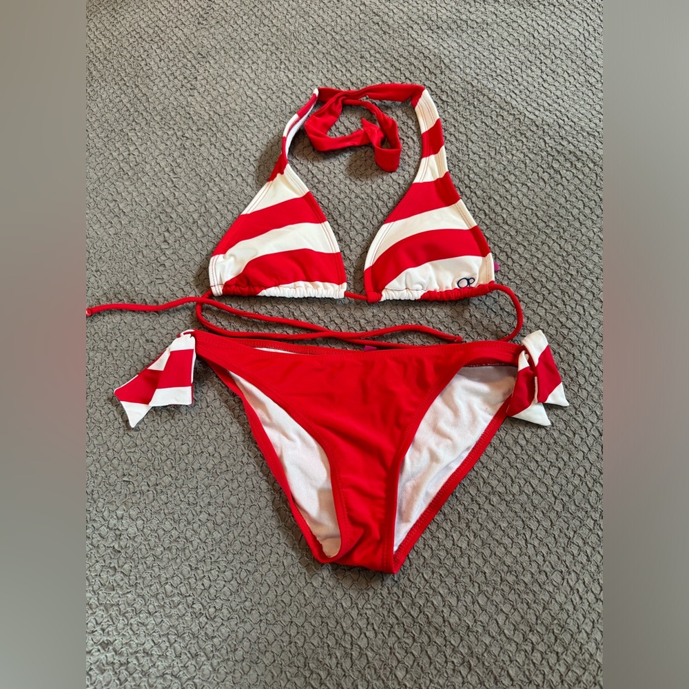 OP red & white striped string bikini in EUC